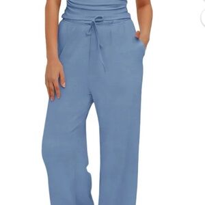 Relaxed Wide-Leg Drawstring Pants/Loungewear - Blue